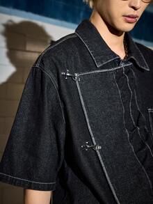 ROMWE MEN Street Life Men's Oblique Placket Airplane Buckle Denim Jacket - Blue - View 2