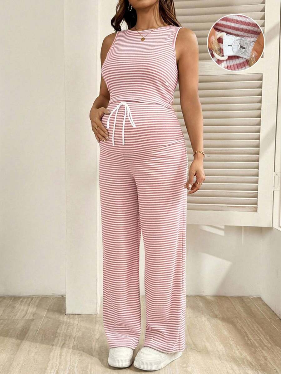 SHEIN 2pcs Set Baju Hamil Tanpa Lengan Bergaris Kasual Nyaman dan Bernapas untuk Musim Panas - Berwarna merah muda - View 1