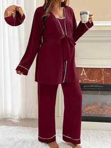 SHEIN 2pcs Nursing Contrast Trim Spaghetti Strap Jumpsuit & Romper Set - Burgundy - View 3