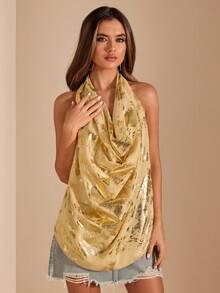 SHEIN BAE Gold Tie Back Draped Front Halter Top - Gold - View 5