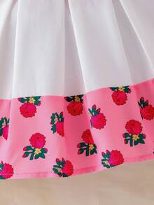 Conjunto de 2 piezas de camiseta de manga larga con encaje floral y cinta dorada, y falda con estampado floral pequeño para niñas pequeñas, nueva moda primavera/verano 2026, atuendo de Oriente Medio, esencial para viajar - Rosa - Ver 5