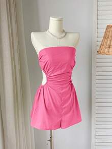 Comfortcana Áo liền quần hai dây ngắn màu đỏ hồng, khoét eo, xếp ly bên hông, thích hợp cho mùa hè. - Màu Hồng Tươi - Xem 8