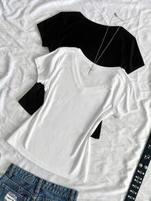 Koreanischer Slim Fit V-Ausschnitt Mädchen Kurzarm T-Shirt, Schwarz & Weiß Allround Farben, weich & hautfreundlich mit angenehmen Fall, kann allein für einen minimalistischen Look getragen oder unter Jacken geschichtet werden, ein vielseitiges Kleidungsgrundstück für den Sommer - Verschiedenfarbig - Übersicht 2