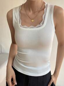DAZY 女士纯色罗纹蕾丝拼接无袖T恤 夏季 - 白色 - 查看 4