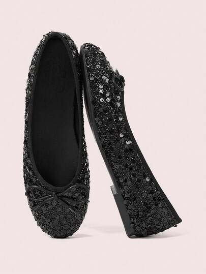 CUCCOO DOLLMOD Ladies' Black Shiny Round Head And Bow Decoration, Light Mouth Ballet Flat Shoes, Upper Sequins Material, Cute And Elegant One-Pedal Shoes, Holiday Wear