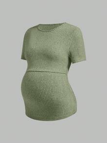 SHEIN Maternity & Nursing Casual Ribbed Crew Neck Short Sleeve Top, Summer - Green - View 14