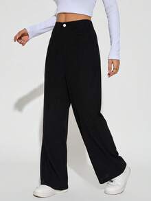 SHEIN PETITE Quần dài nhung kẻ trơn màu dành cho nữ - màu đen - Xem 12