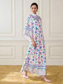 LOTSLUV Robe longue ample à imprimé, col montant, manches évasées, pour vacances, élégante - Multicolore - Voir 1