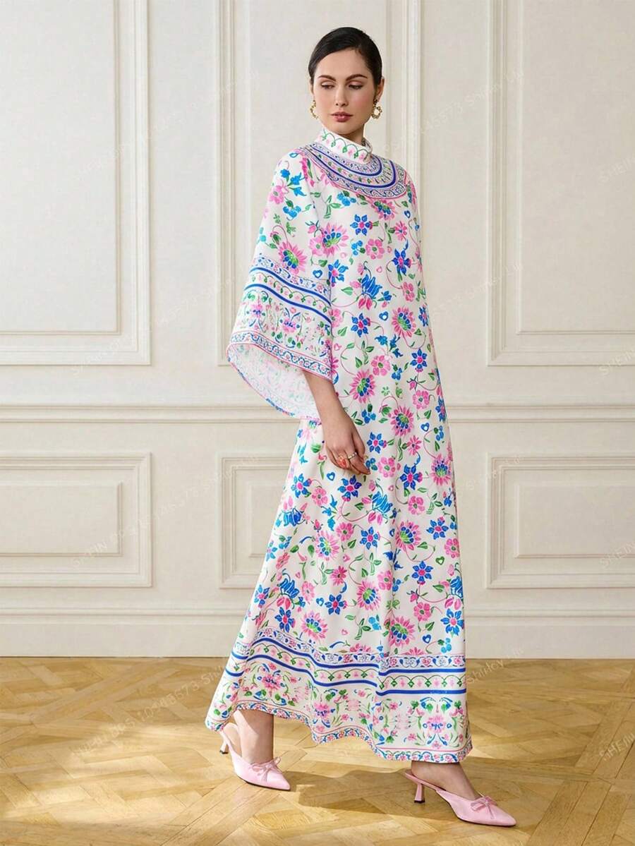 LOTSLUV Robe longue ample à imprimé, col montant, manches évasées, pour vacances, élégante - Multicolore - Voir 1