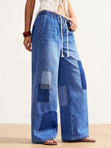Bohemela Women's Contrast Color Ripped Pocket Drawstring Waist Jeans - Medium Wash - View 6