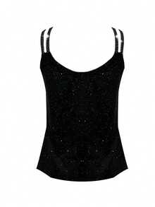 Breezaya Halter Neck V Neckline Double Straps Tank Top With Rhinestone Decoration, Silver Coating - Black - View 2
