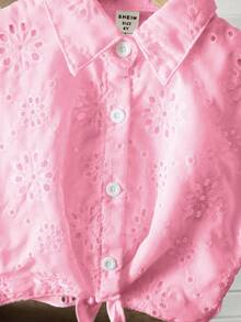 SHEIN Young Girl Vacation Beach Casual Versatile Embroidery Hollow White Loose Short Sleeve Blouse,Holiday,Summer,Travel - Pink - View 5