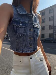 DAZY Women's Fitted Denim Vest, Sleeveless Cropped Denim Jacket - Blue - View 1
