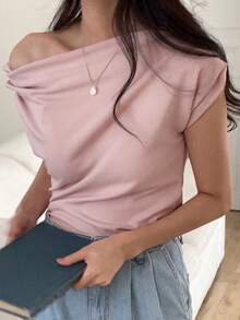 DAZY Solid Asymmetrical Neck Batwing Sleeve Tee,Off Shoulder Top - Pink - View 6