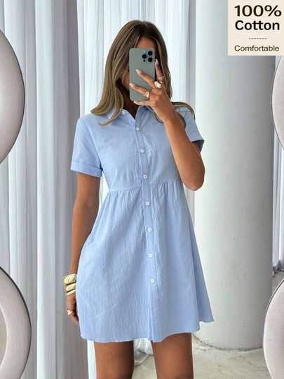 Siren Gaze Women's Casual Comfortable Solid Color Single-Breasted Short Dress Button Down Dress Women Shirt Dress Woman Dress Summer Casual Dress Light Blue Summer Dress