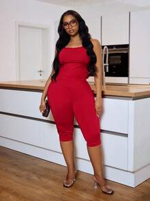 Veslaya Women's Plus Size Red Summer Satin Smart Casual Night Matching Set,Sleeveless Lace Trim Crop Top&High Waist Cropped Pants,Fitted Stretchy Knit Outfit - Burgundy - View 10