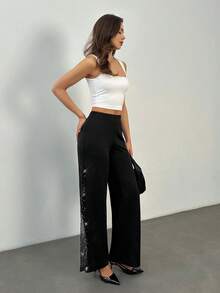 SHEIN Tall Ladies Elegant Mesh & Glitter Splice Black Slim Straight Leg Pants, Fit For Commuting, Casual And Daily Wear, Spring/Summer - Black - View 6