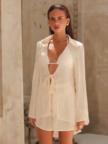 Swim Chiccia 女士春夏沙滩套装，系带喇叭袖性感上衣配短裤，休闲度假罩衫 - 杏色 - 查看 5