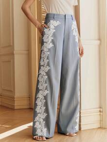 Anewsta 春季新款女士蓝色长裤，时尚休闲喇叭裤，口袋撞色侧缝荷叶边裤脚 - 藍色 - 查看 6