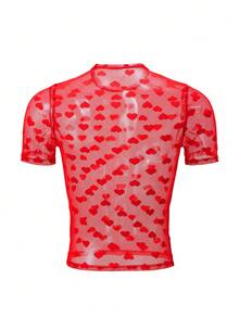 Men's Heart Print Mesh Round Neck Short Sleeve Base Layer Top - Multicolor - View 2