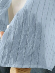 SHEIN Teen Girls Casual Minimalist Beige & White Pinstripe Long Sleeve Button-Down Shirt Spring & Autumn Lightweight Breathable Fabric With Polo Embroidery For Daily School & Casual Outings - Blue - View 8