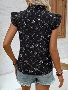 SHEIN LUNE Áo kiểu nữ cổ chữ V in hoa, tay ngắn, kiểu dáng thường ngày, đa năng. - màu đen - Xem 2