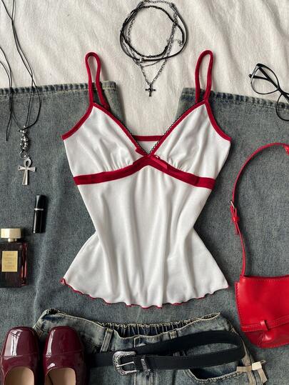 Attitoon 休闲简约Y2K风格红白撞色罗纹面料，黑色蕾丝饰边，可爱蝴蝶结吊带背心，适合春夏穿着，复古风，性感可爱，Y2K风，椰子女孩风，波西米亚风，西部风，嬉皮风，音乐节风，复古朋克风，原宿风