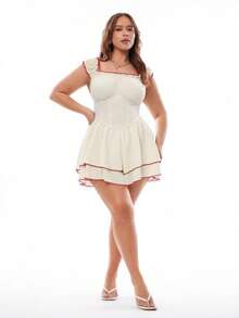 Solavibe 大码女式褶皱荷叶边下摆休闲日常连体裤 - 米色 - 查看 2