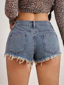 SHEIN PETITE Women's Casual Distressed Denim Shorts With Slant Pockets, Summer - Blue - View 2