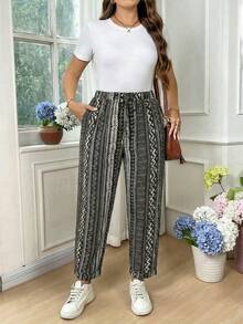EMERY ROSE Plus Size Women Minimalist Printed Fold-Over Pants - Black - View 3