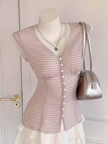 Comfortcana 粉色半透明蕾丝V领格子印花休闲无袖上衣 - 粉色 - 查看 7