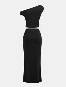 SHEIN Tween Girls' Casual Oblique Shoulder Short Sleeve Fitted T-Shirt Set - Black - View 2