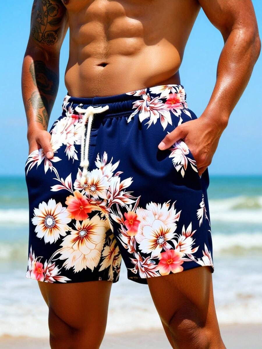 Manfinity Swimmode 男士沙滩度假印花抽绳口袋沙滩短裤 - 藏蓝色 - 查看 1