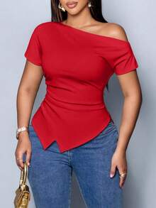 SOLERSUN Women's Elegant Asymmetric Neckline Ruched Asymmetric Hem T-Shirt - Red - View 7