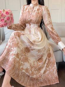 DAZY Women's Elegant Floral Print Stand Collar Midi Dress, Spring/Summer Wedding Guest Dress - Khaki - View 1