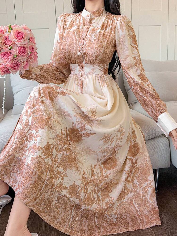Women's Elegant Floral Print Stand Collar Midi Dress, Spring/Summer Wedding Guest Dress Sundress