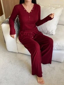DAZY Comfortable Knit Partial Button Fitted Top And Loose Pants Women Sleepwear Lounge Set, Fall Winter Clothes, Cozy Outfit - Red - View 5