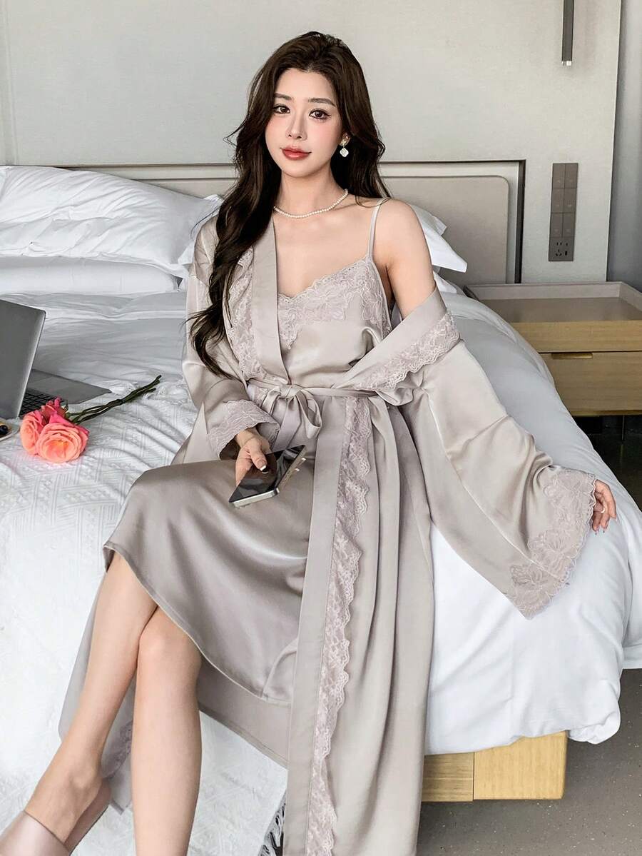 DAZY Women's Ruffled Lace Patchwork Sleepwear Set, Includes Camisole Nightgown And Robe - Khaki - View 1