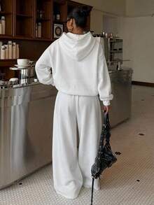 Muchica Bộ đồ thể thao nữ màu trắng mùa thu/đông gồm áo hoodie lót giữ nhiệt và quần nỉ dáng rộng. - trắng - Xem 2