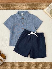 2pcs/Set Young Boy Spring/Summer Casual Short Sleeve Shirt And Shorts Outfit Boys Woven Short Sets Boy Linen Outfit Boy Shirt Set - Dusty Blue - View 5