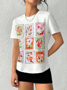 INAWLY Camiseta de mujer de cuello redondo y manga corta con un estampado divertido. Con su clásico cuello redondo y mangas cortas, es versátil y práctica, adecuada para el uso diario, los desplazamientos y las vacaciones. También es un gran regalo para familiares y amigos. - Multicolor - Ver 4