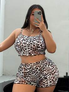 Swim SXY Costume da bagno bikini da donna taglie forti, 2 pezzi, con stampa leopardata, spalline sottili, sexy, adatto per vacanze al mare - Multicolore - Visualizzare 7