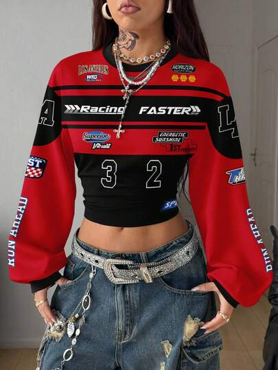 Coolane Casual Minimalist Sports Streetwear Suitable For Parties, Gatherings, Airports - Featuring Numeric, English Letter, Racing Graphic Prints In Black & Red - Ideal For Music Festivals, Summer Outings - Women's Crew Neck Long Sleeve Cinched Waist Sweatshirt