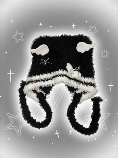 ROMWE Anime 1件黑白拼接Y2K朋克风星星装饰可爱猫爪蝴蝶结针织帽，亚文化猫爪时尚简约设计，保暖配饰，适合居家、外出、通勤、约会、购物等场合。