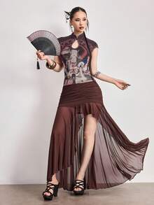 ROMWE Avant Spring/SummergraphicVintage Neo-Chinese Style Mesh Print Mandarin Collar Top - Multicolor - View 9