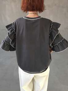 FRIFUL Women's Contrast Color Layered Pleated Ruffle Hem Loose Casual Versatile T-Shirt, Spring/Summer - Dark Grey - View 6