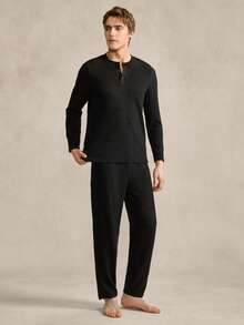 EverLounge Conjunto de pijama de manga larga con cuello henley y rayas de color negro sólido para hombre - Negro - Ver 5