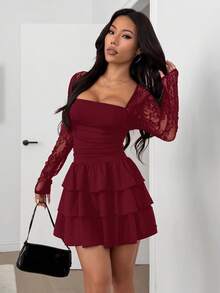 SHEIN EZwear 女士酒红色针织层叠蕾丝修身连衣裙，春夏款 - 酒紅色 - 查看 1