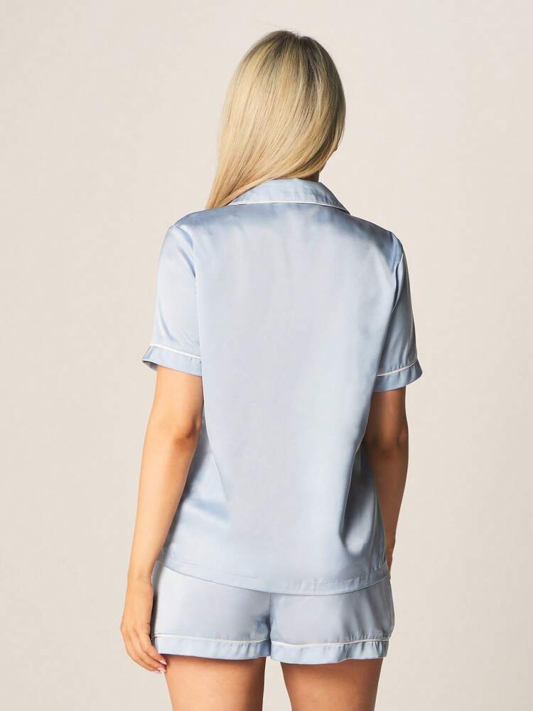 MISSGUIDED Satin Maid Of Honour Short Sleeve Button Up Shirt And Shorts Pajama Set Sleepwear Loungewear