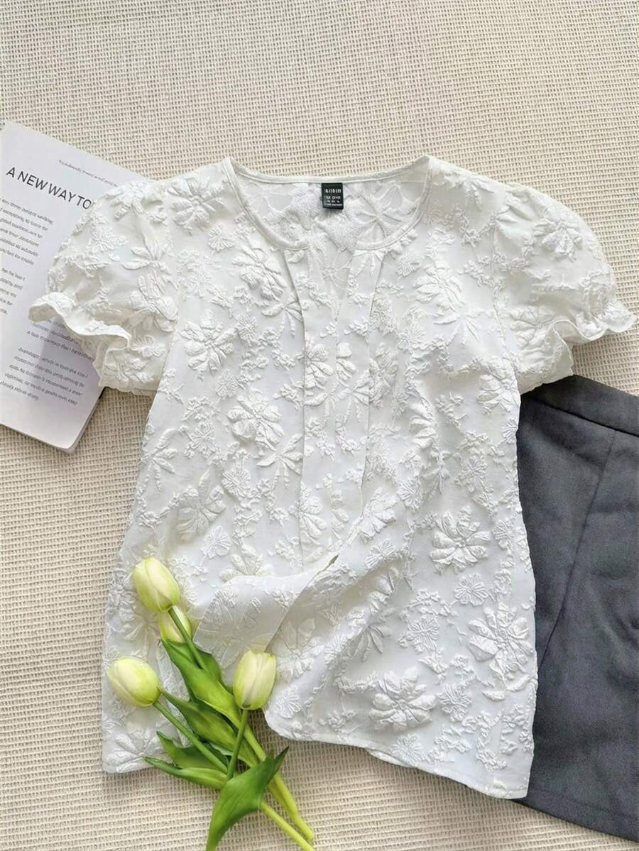 SHEIN LUNE 蓝色优雅开襟羊毛领提花泡泡袖衬衫,夏季 - 白色 - 查看 1